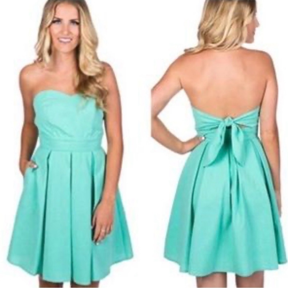 NWT Lauren James “The Corbin” strapless dress w bow back women’s XS Seersucker - Picture 3 of 8
